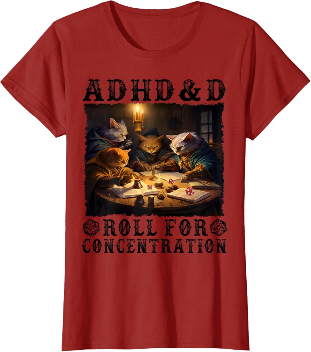 

Женская футболка Funny Tees Gamer RPG Apparel Cats RPG Gamer Roll For Concentration, темно-красный