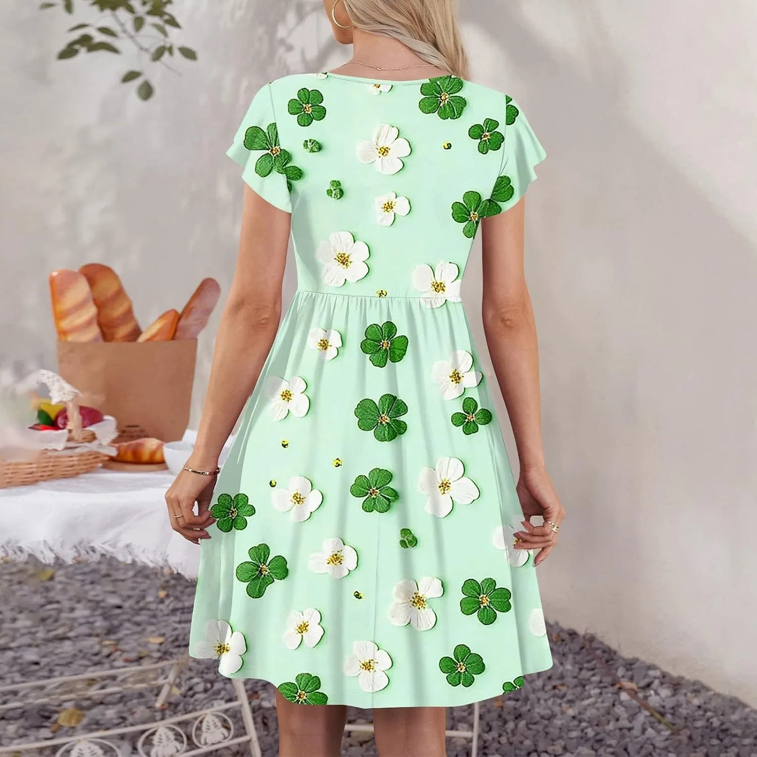 Женское летнее платье миди с цветочным принтом с карманами, Mint Green — фото 3
