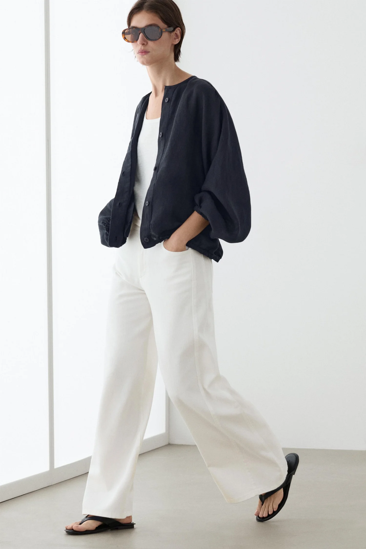 Бомбер Massimo Dutti 100% Linen Puff, темно-синий — фото 4