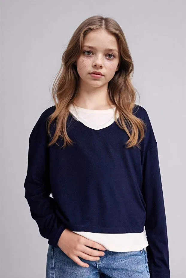 Детская футболка с длинным рукавом Combed Cotton T-Shirt Defacto, Navy Blue-Nv251 — фото 3