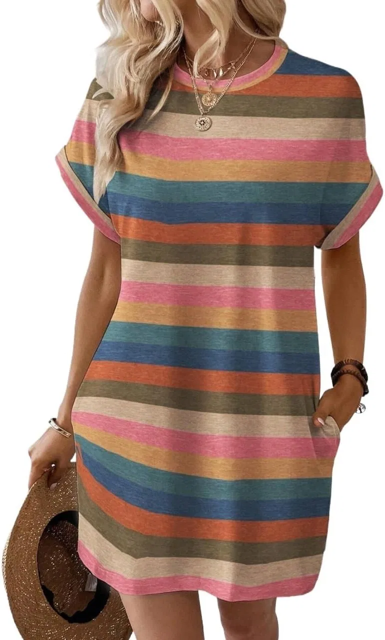 Женское цветное свободное платье-футболка с коротким рукавом, Multicolor