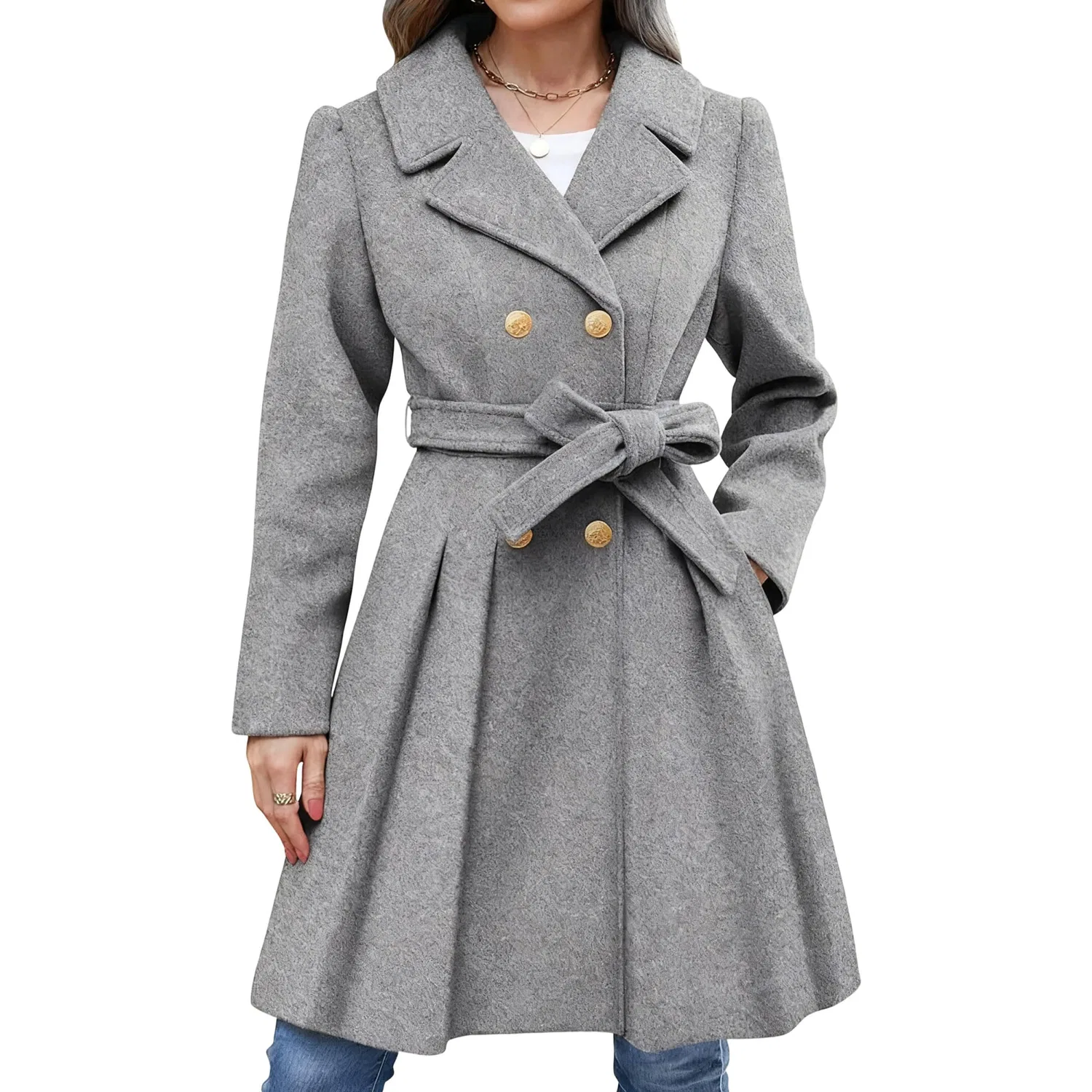 Женское пальто с поясом, двубортное, модель Thick Line Jacket, Grigio