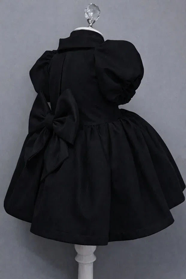 Детское платье для девочек с коротким рукавом Special design black pearl button and bow accessories short balloon sleeve girls evening dress Musgem, Black — фото 2