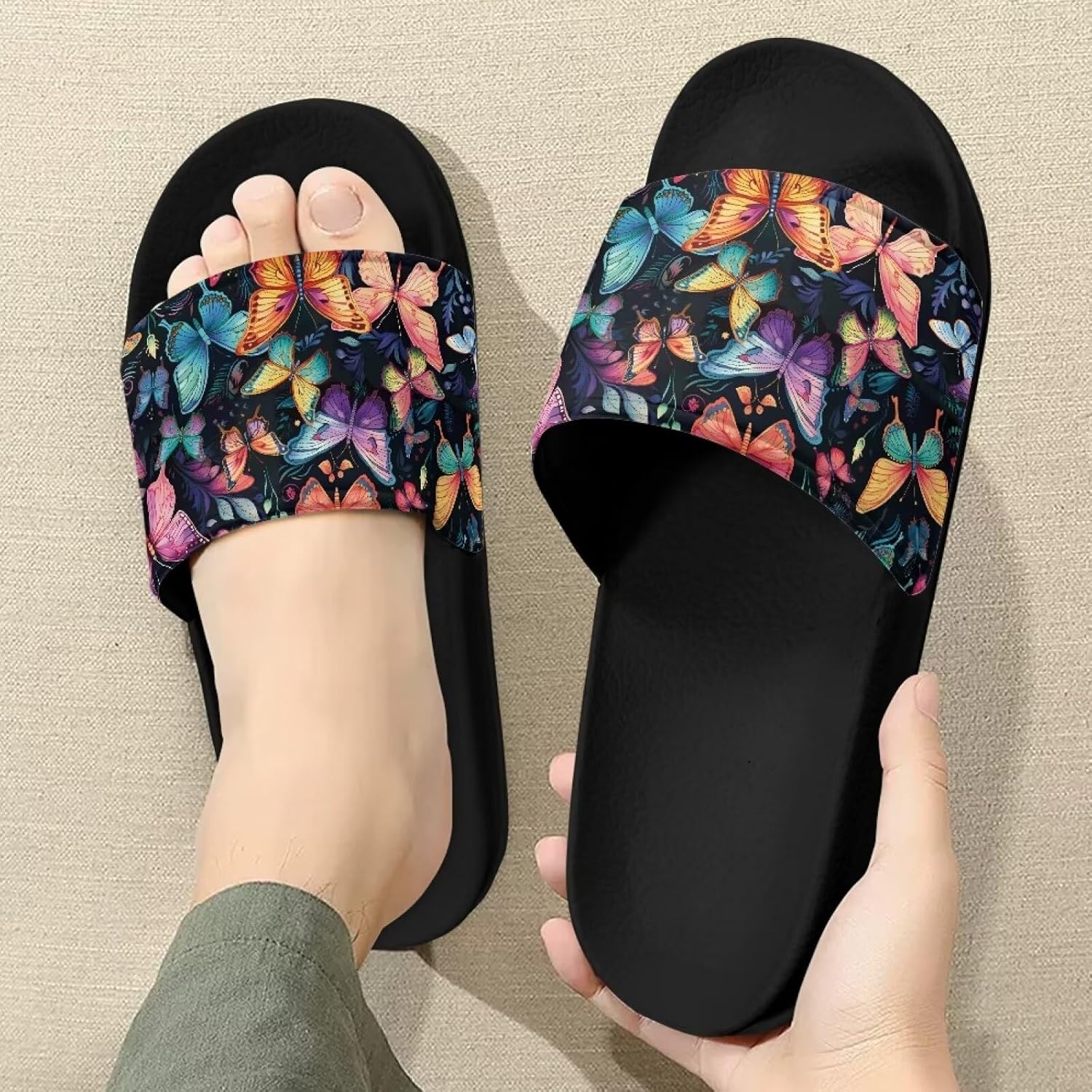 Унисекс шлепанцы Forchrinse Hawaiian Starfish для мужчин и женщин, открытый носок, для душа, повседневная обувь на плоской подошве, Colorful Butterfly — фото 3
