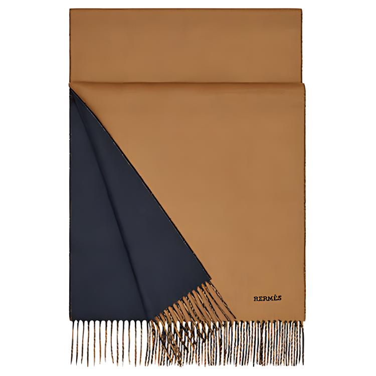 HERMES Вязаный шарф мужской верблюжий темно-синий, Camel Navy Blue — фото 2