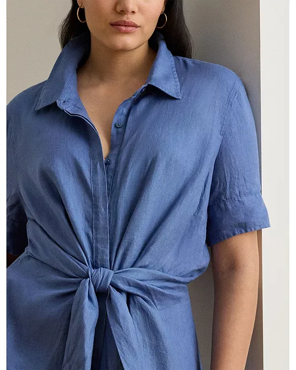 Платье-Рубашка из льна с завязками спереди Ralph Lauren, Blue — фото 4