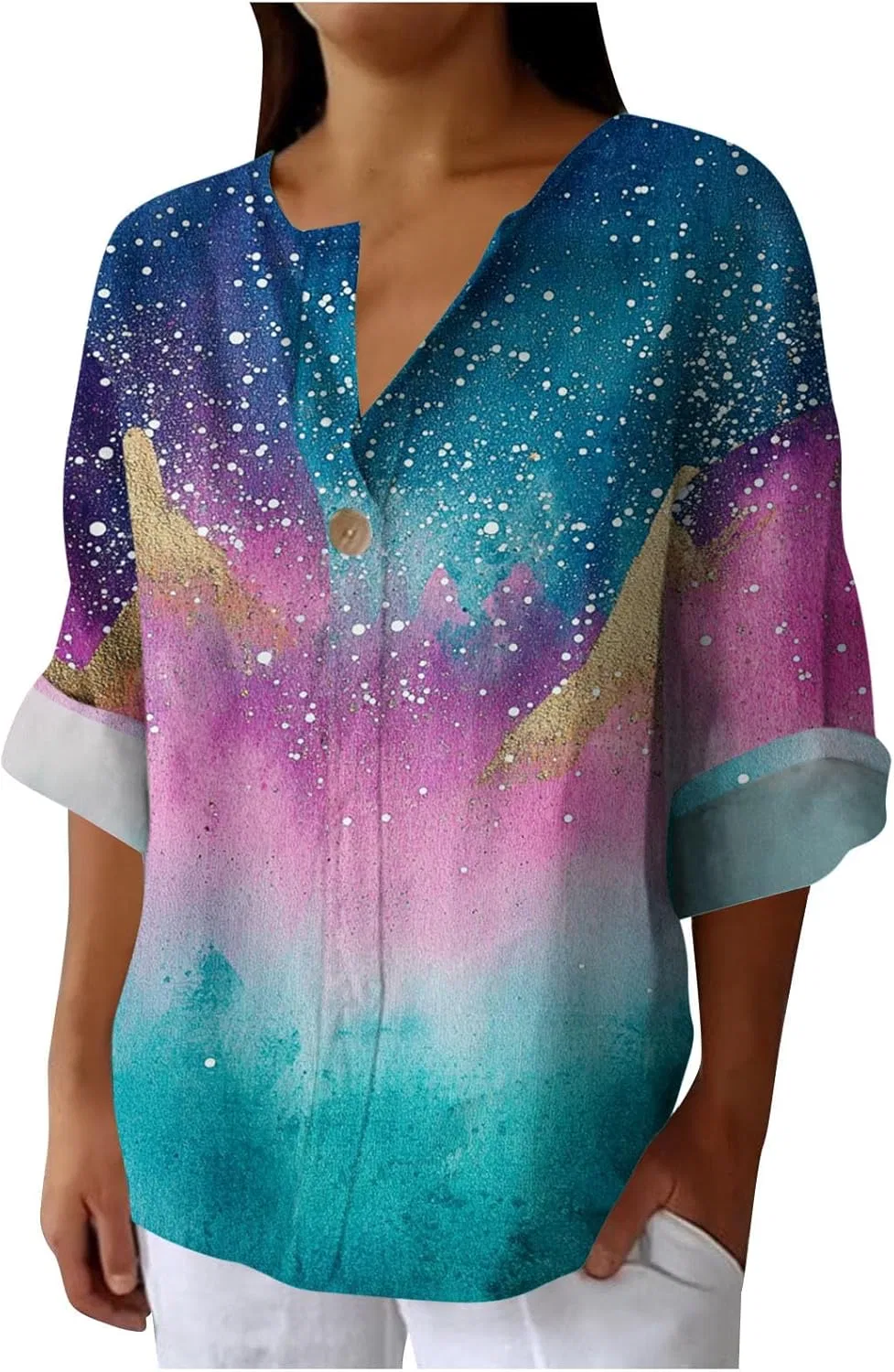 Женская футболка с градиентом, длинный рукав, V-образный вырез, Polyester
