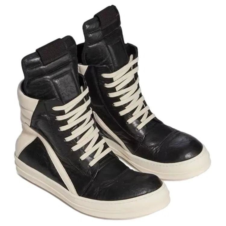 Кроссовки высокие Geobaskets из кожи RICK OWENS с коробкой черно-белые — фото 4