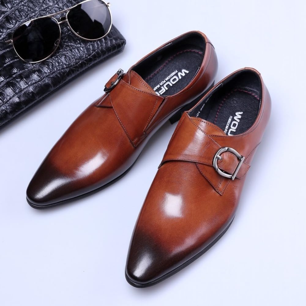 Мужские туфли Monk Strap Классические Ретро Формальные Деловые Лоферы Легкие Кожаные Слипоны Комфортные Носка Низкий Каблук Заостренный Носок Платиновая Пряжка Лоферы Оксфорды для Повседневной Элегантной Работы, Офиса и Свадьбы Geerta, коричневы... — фото 4