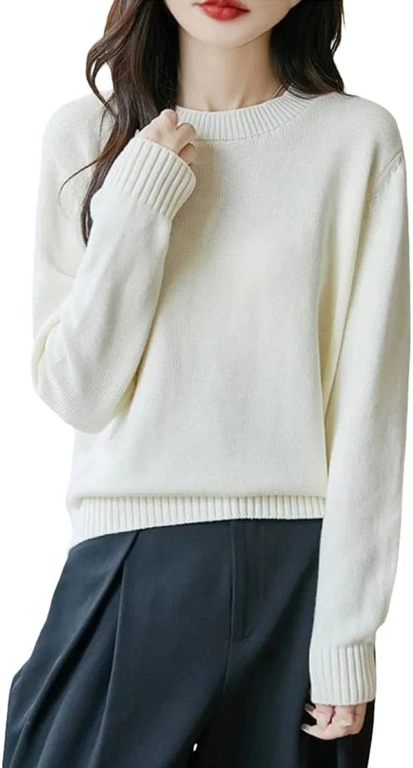 Женский свитер с круглым вырезом, хлопковый, Pullover, белый