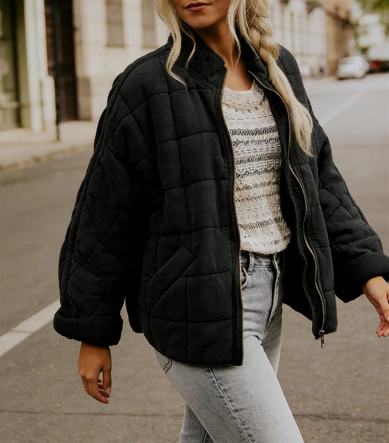 Женское стеганое пальто с воротником-стойкой Oversized Coats, bianco — фото 2