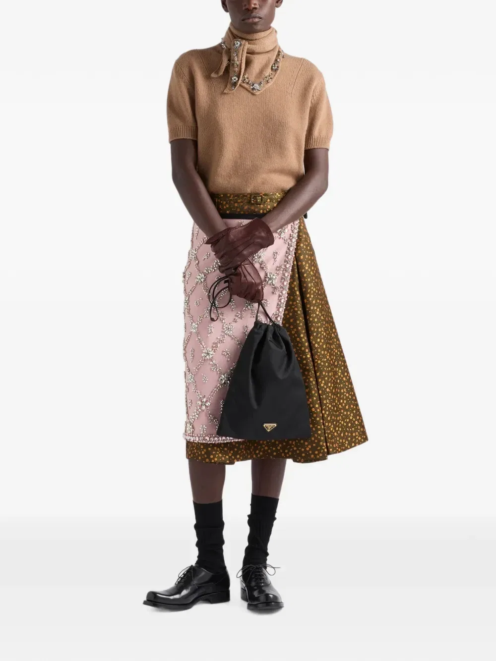 Кашемировый свитер с короткими рукавами и шарфом Prada, коричневый — фото 2