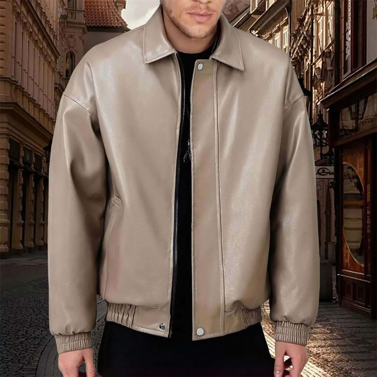 Мужская куртка из искусственной кожи с длинным рукавом, Khaki Men's Leather Jacket — фото 3