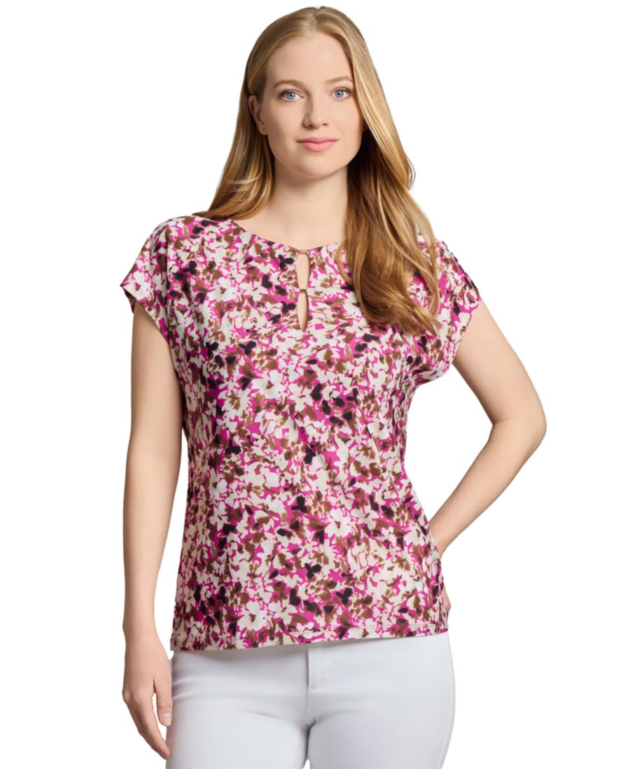 

Женская блузка с принтом и вырезом-замочной скважиной, с удлиненными плечами Jones New York, Bright Orchid Multi