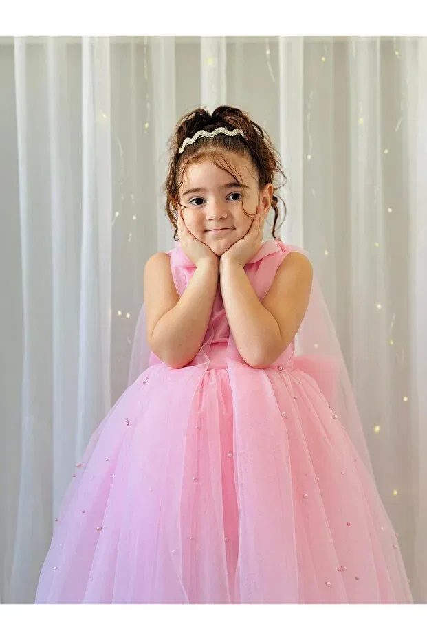 Детское платье для девочек с длинным рукавом Pink pearls long dress vintage baby girl dress Linarookids, Pink