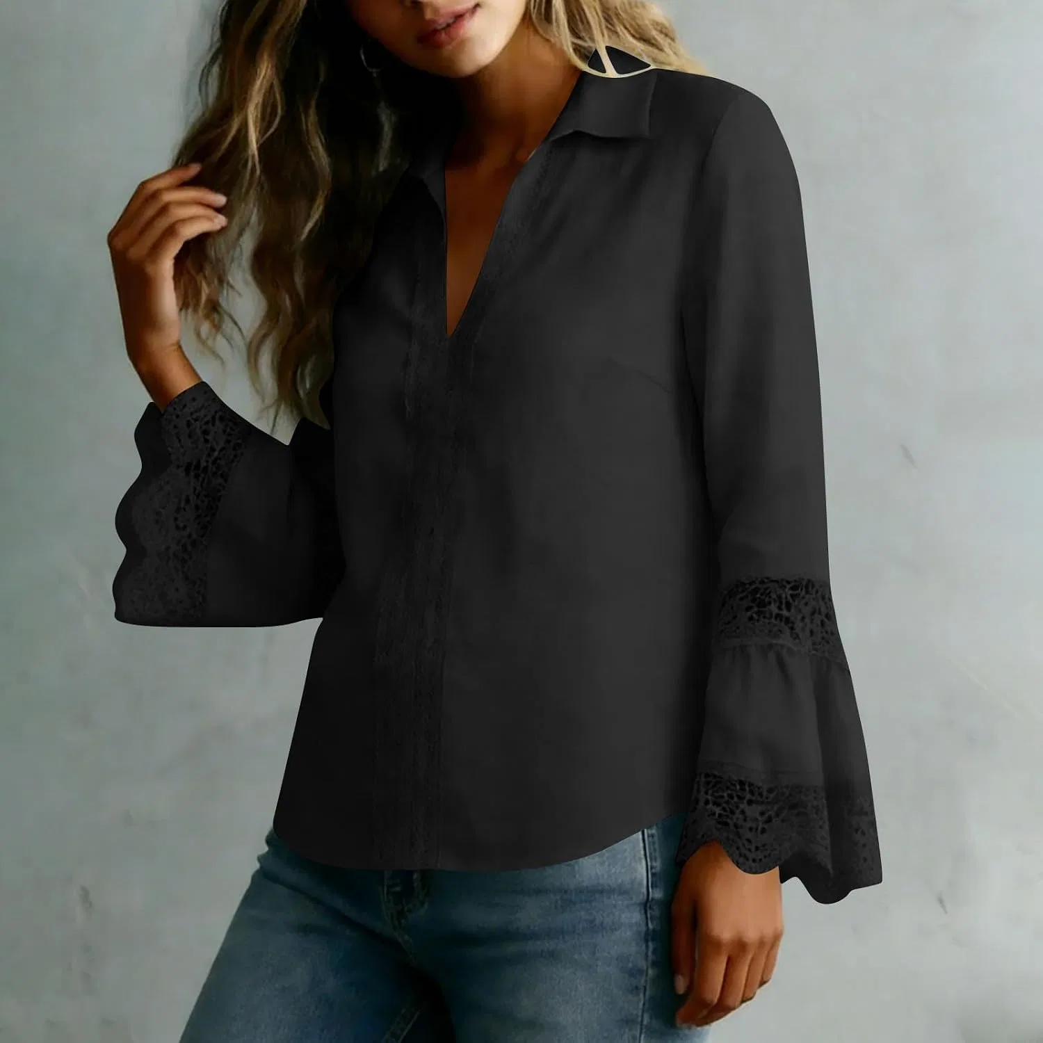 Женская блузка с длинным рукавом, Linen Tops, чёрный — фото 2