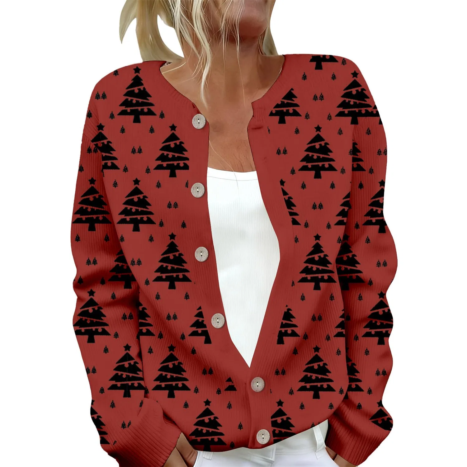 Женский кардиган с принтом Elegante cardigan casual con stampa e abbottonatura, Rosso #7