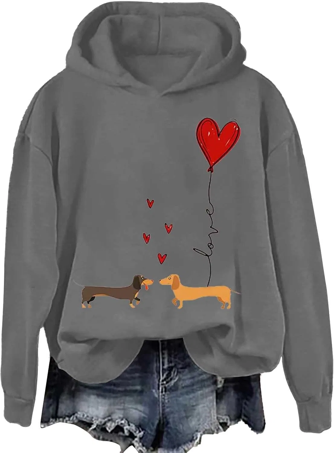 Женский свитшот с принтом таксы и сердцами, Dachshund Hoodie, серый
