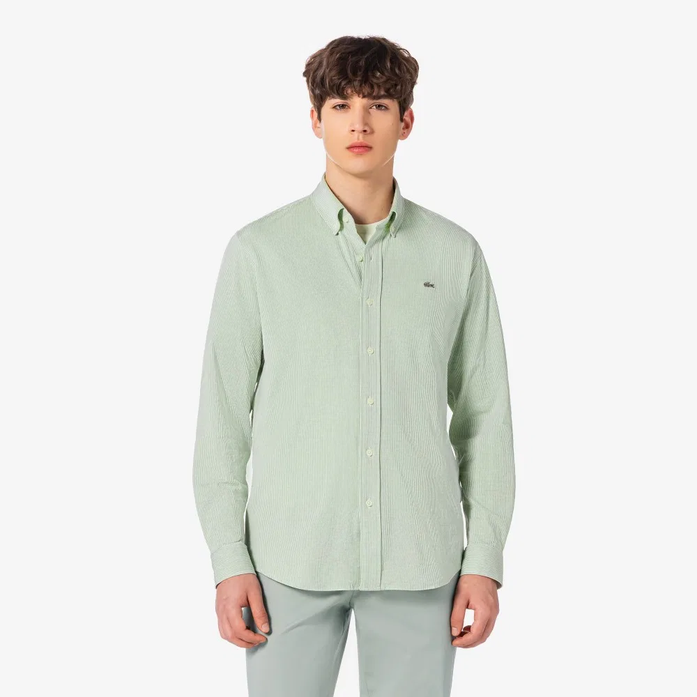 Мужская трикотажная рубашка в полоску, зелёная, от Lacoste