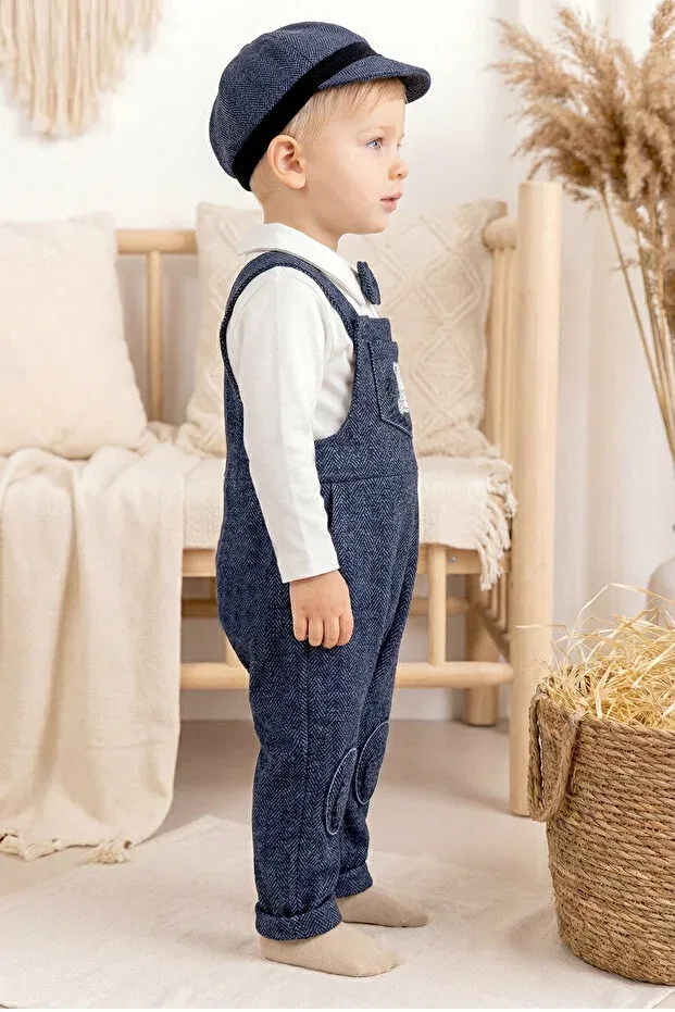 Детский комбинезон для мальчиков с принтом Baby boy salopet jumpsuit set with bow tie and cap Babymod, Navy Blue — фото 2