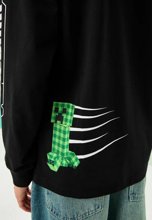 Футболка с принтом Regular fit long sleeve christmas Next Minecraft, черный — фото 2