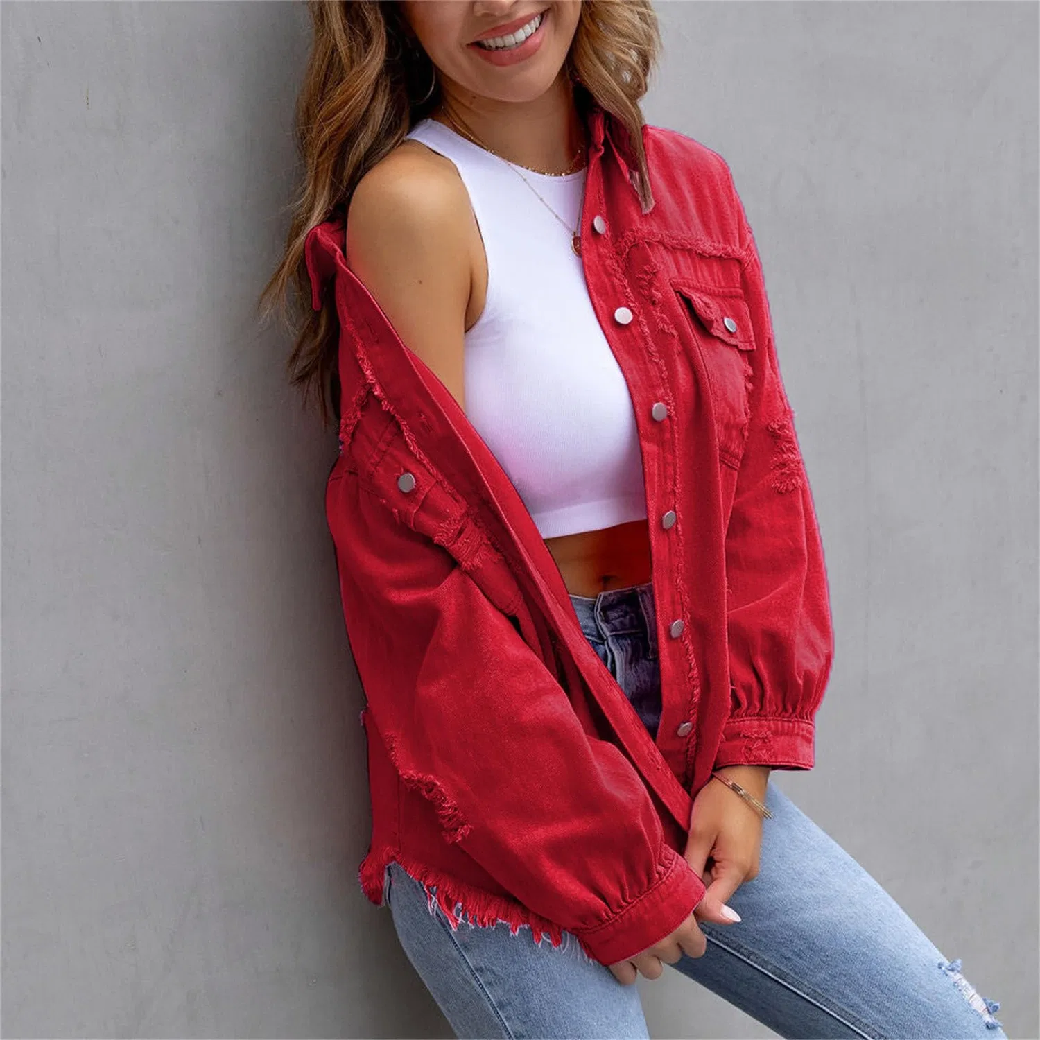 Женская джинсовая куртка oversize с длинным рукавом, Rosso — фото 4