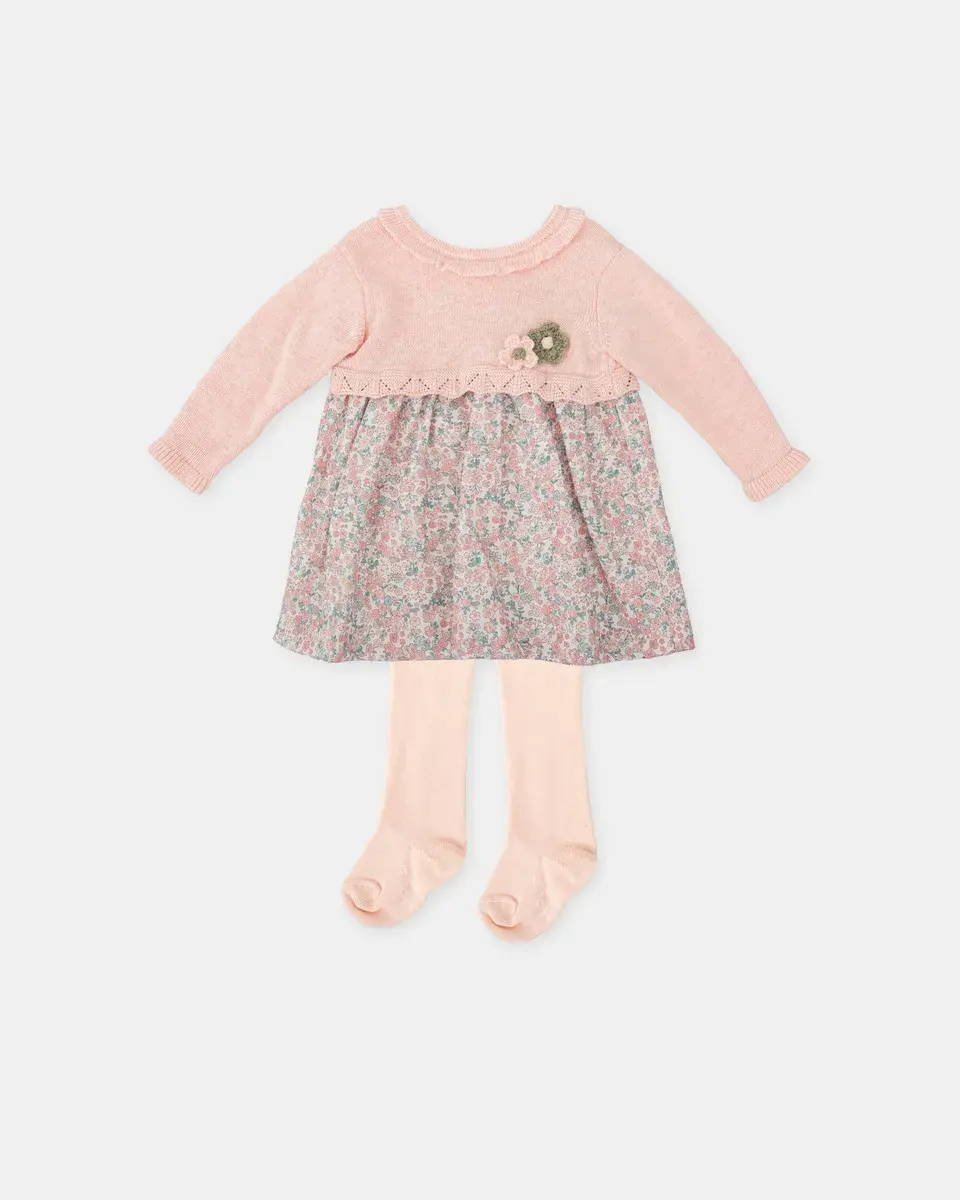 

Детский комплект: платье из трикотажа и ткани с колготками Tutto Piccolo, розовый