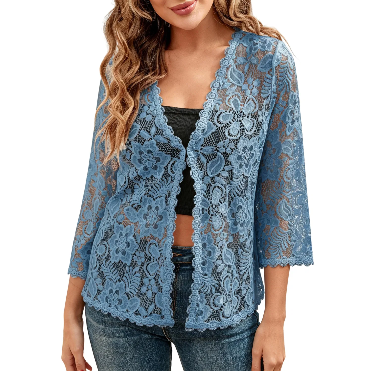 Женский кардиган с цветочным кружевом с рукавом 3/4, модель Bolero, Blue