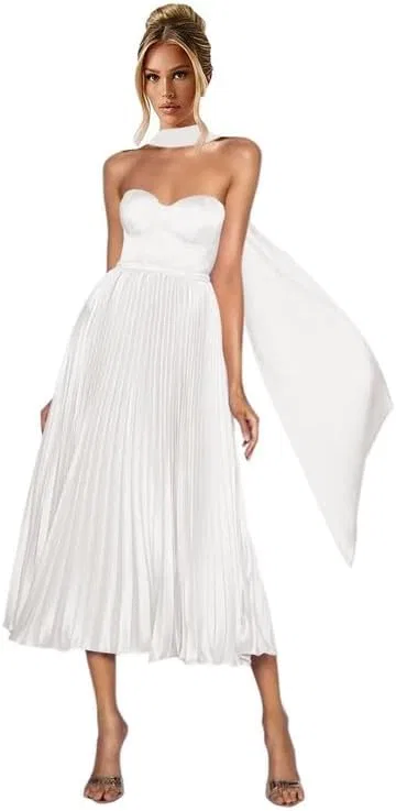 Женское атласное платье без бретелек с шарфом A-line, White
