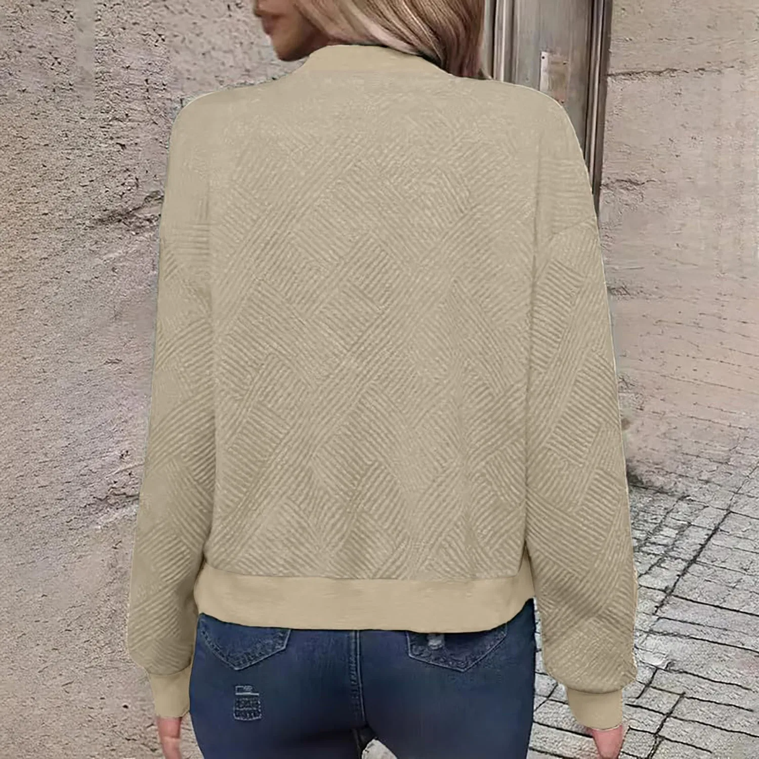 Женская куртка-бомбер с принтом жаккард Bomber Jackets Women Elegant Knitted Jacquard Zip Up Flight Jackets, Beige — фото 3
