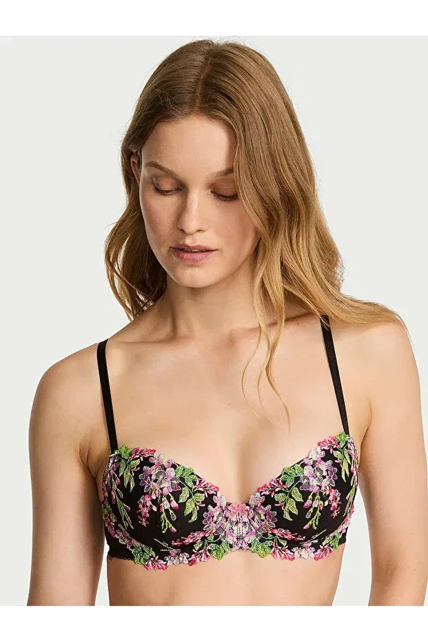 Женский бюстгальтер с принтом Floral embroidered lightly padded support demi bra Victoria'S Secret, Black Wisteria