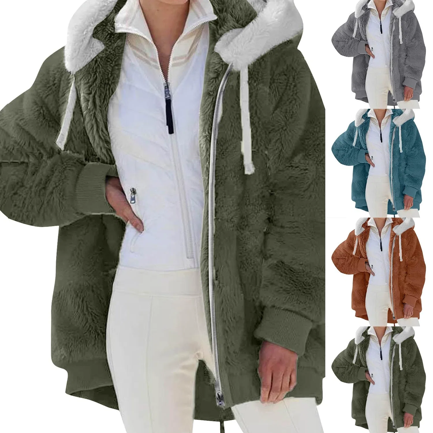 Женское утепленное пальто с флисом и капюшоном, зеленое, Teddy Coats for Women, pink — фото 2