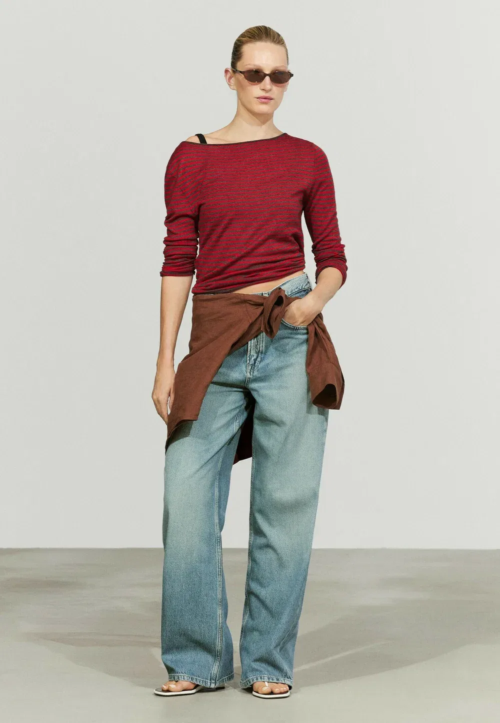 Полосатый вязаный свитер из шерстяной смеси Massimo Dutti, Red — фото 2