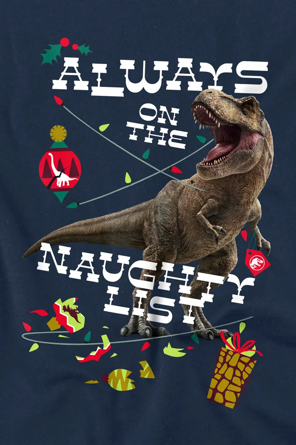 Детская футболка с принтом Jurassic World T-Rex Christmas Naughty List Nbcu, Navy — фото 2