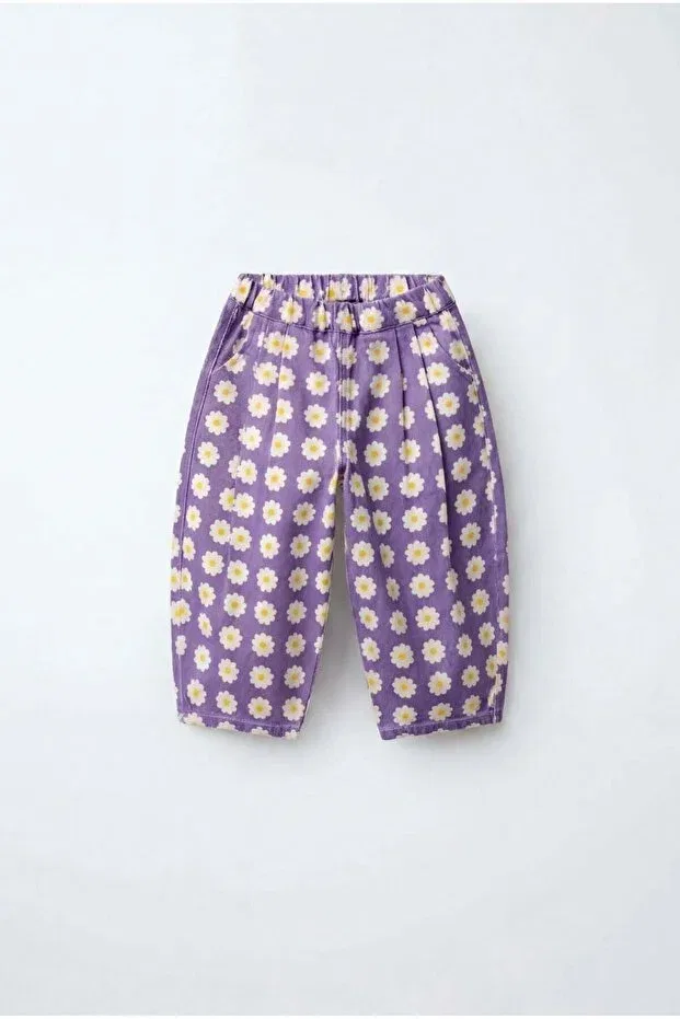 Детские брюки для девочек с принтом Cotton Purple Daisy Patterned Elasticated Magu, Пурпурный