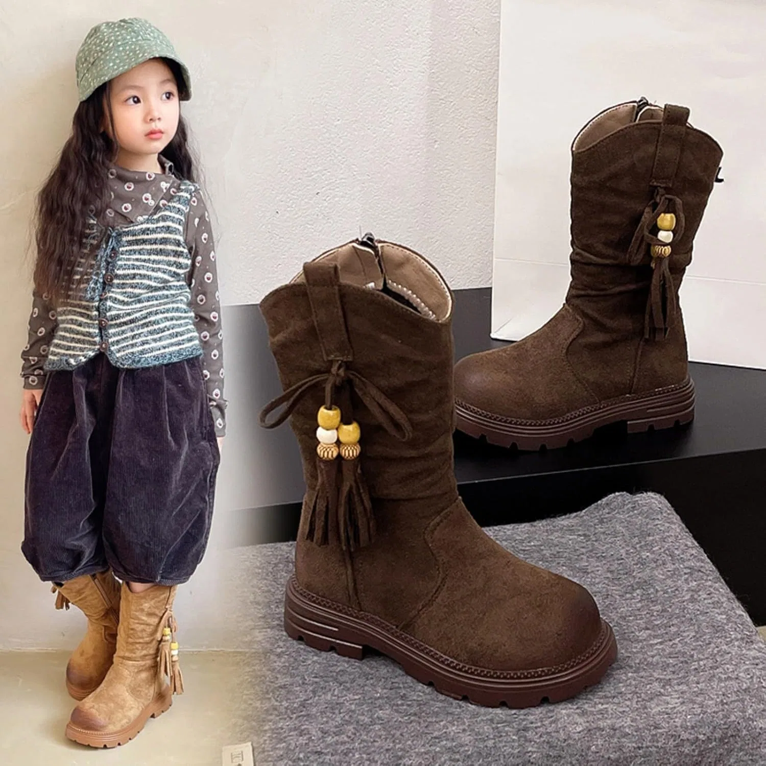 Детские сапоги для девочек с бахромой Fashion Faux Suede SHOPESSA, Brown — фото 2