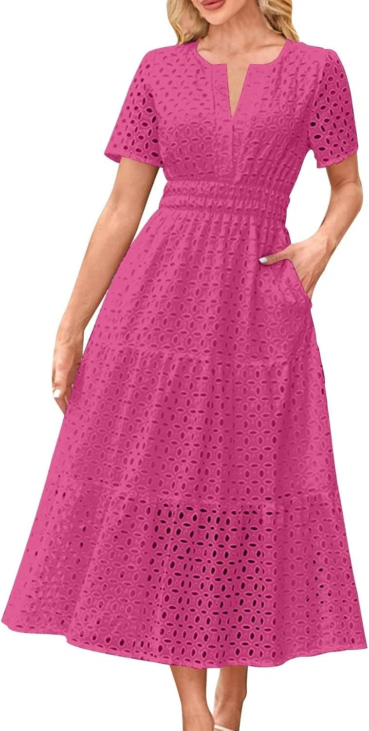 Женское летнее платье макси с V-образным вырезом и карманами, Hot Pink