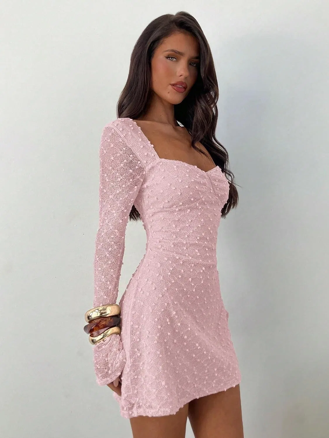 Женское мини-платье с квадратным вырезом и защипами, Baby Pink — фото 4