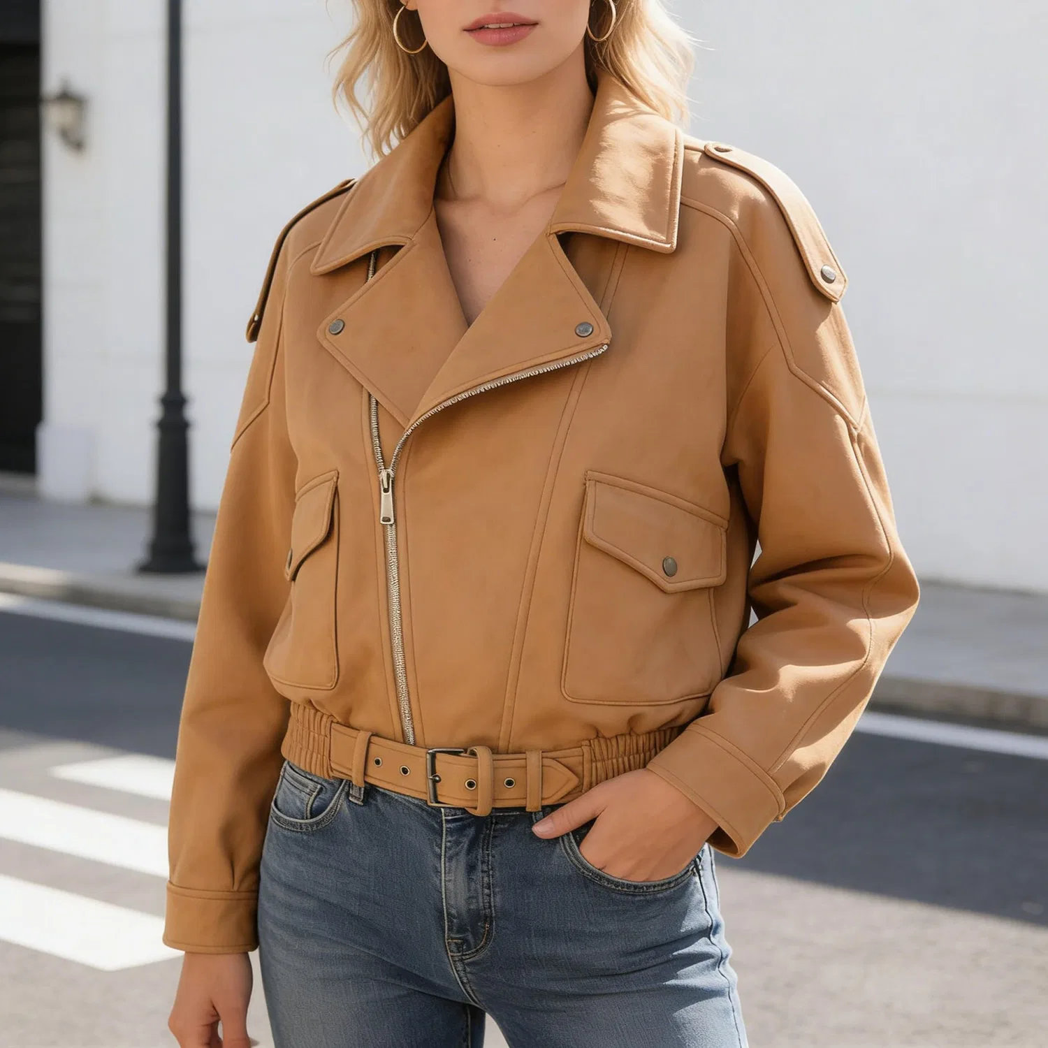 Женская куртка-косуха из искусственной замши с поясом, dark khaki — фото 4