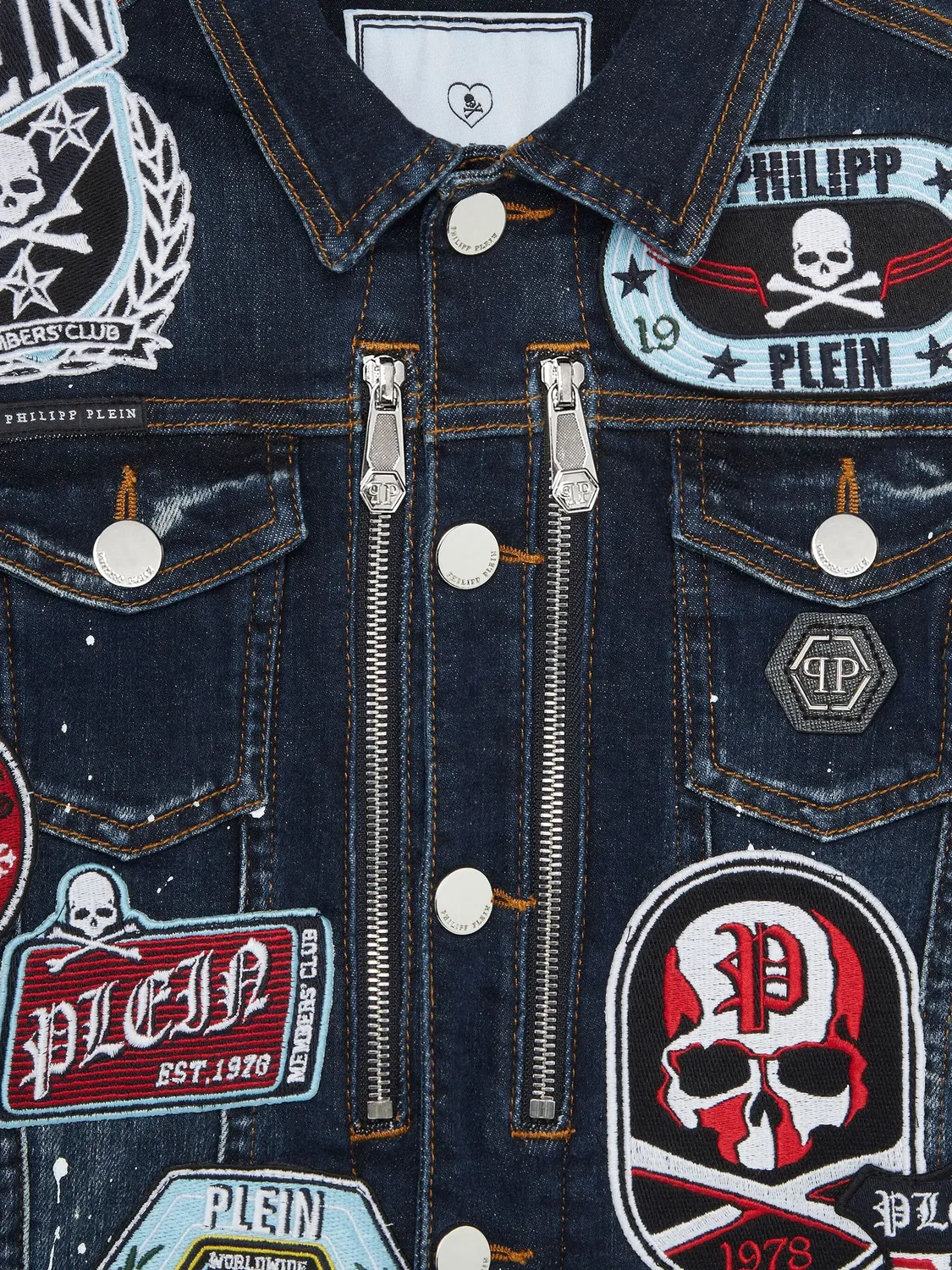 Джинсовая куртка с патчами Philipp Plein, синий — фото 3