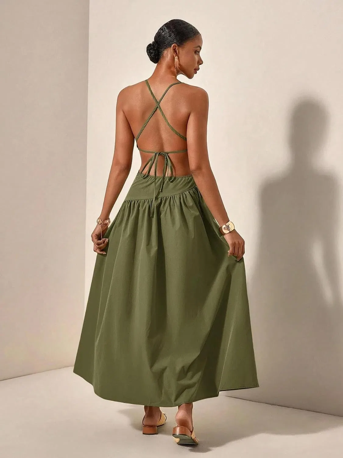 Женское длинное платье на бретелях с вырезами A-line, Army Green — фото 2