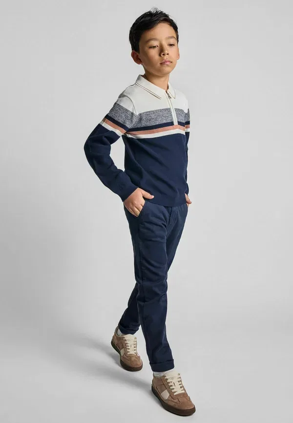 Футболка с воротником хлопковая Stripe collar long sleeve Minoti, White Navy, белый/темно-синий