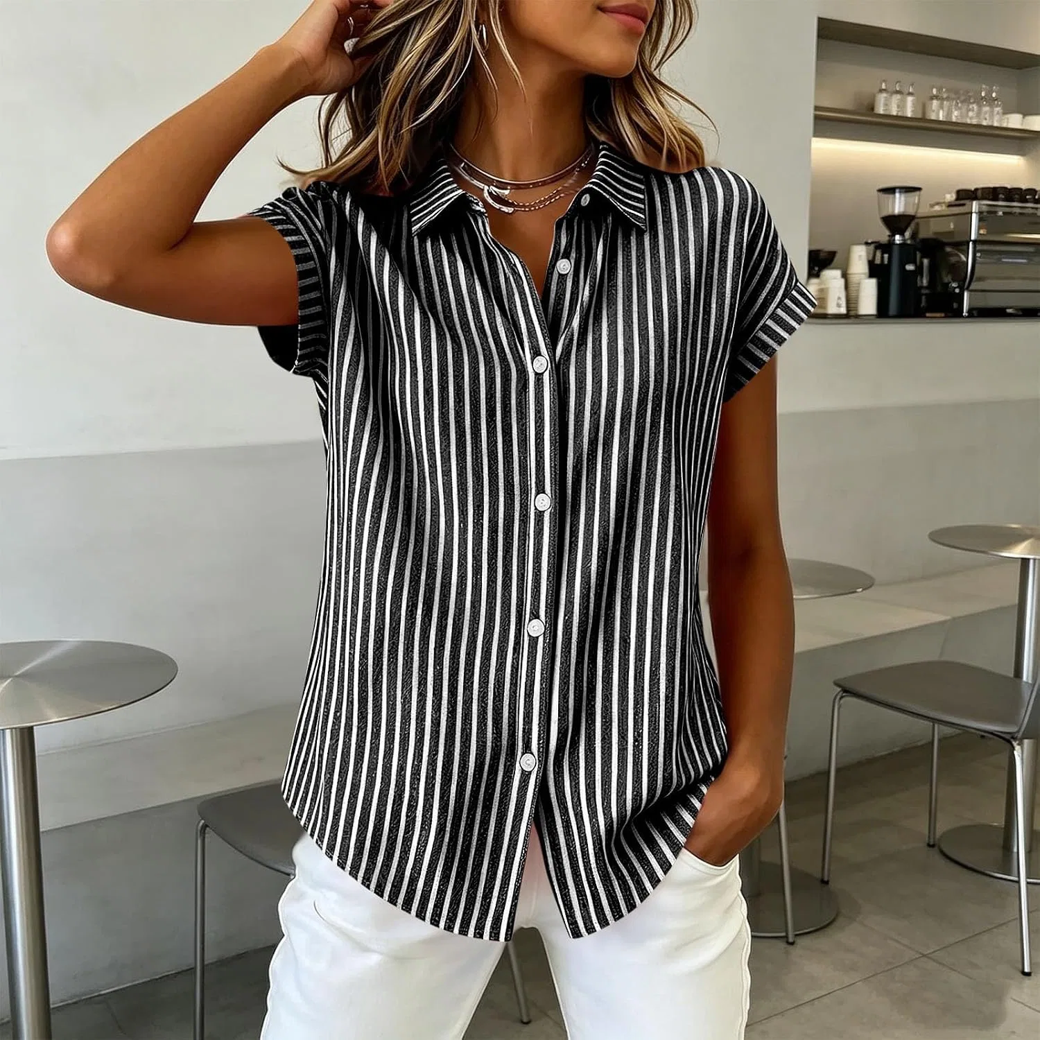 Женская рубашка с длинным рукавом Striped Button Down, чёрный — фото 3