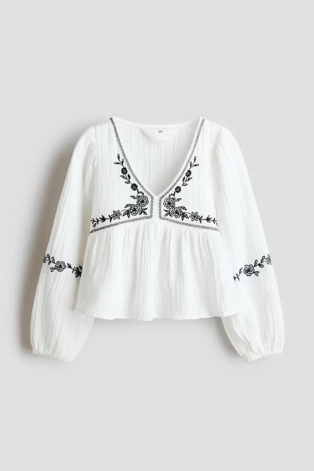 Вышитая блузка из хлопчатобумажной ткани H&M, Weiß/Geblümt — фото 3