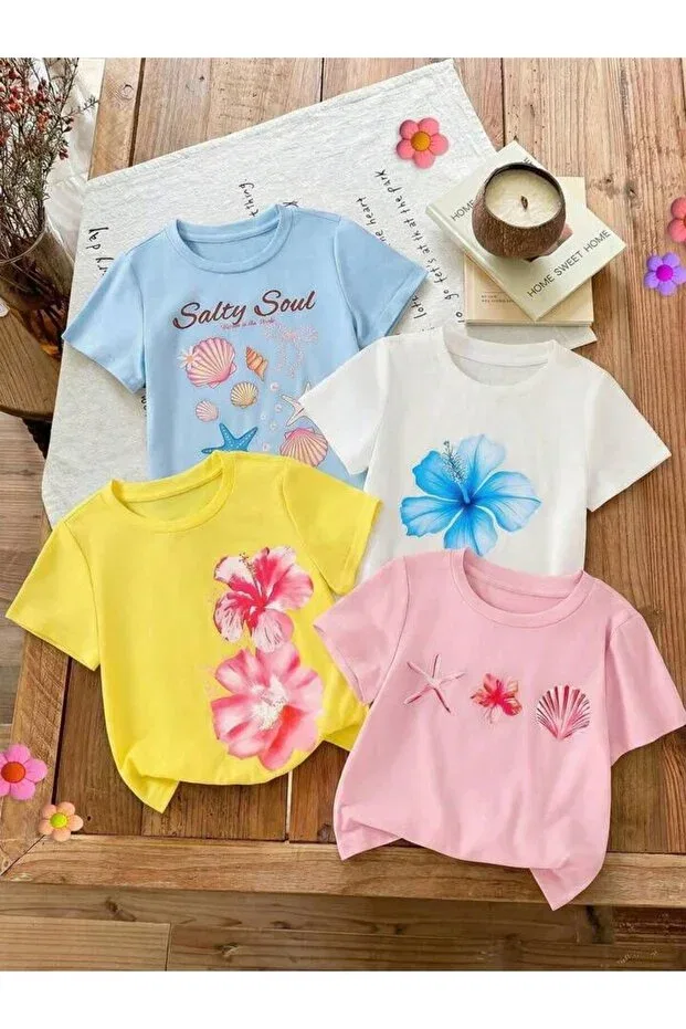Детский комплект футболок для девочек Salty Soul-Hibiscus Flowers-Nautical Themed Morning Kids, Sari Pembe Bebemavi Beyaz