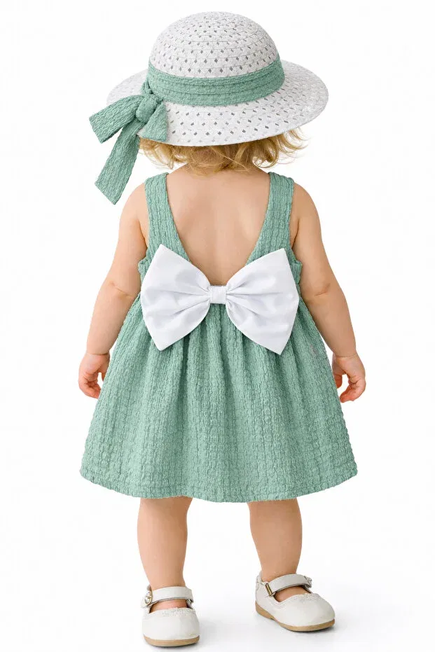 Детский комплект платье и головной убор с бантом Sweet baby girl style dress with hat and bow detail Chicsy Baby, Water Green — фото 2