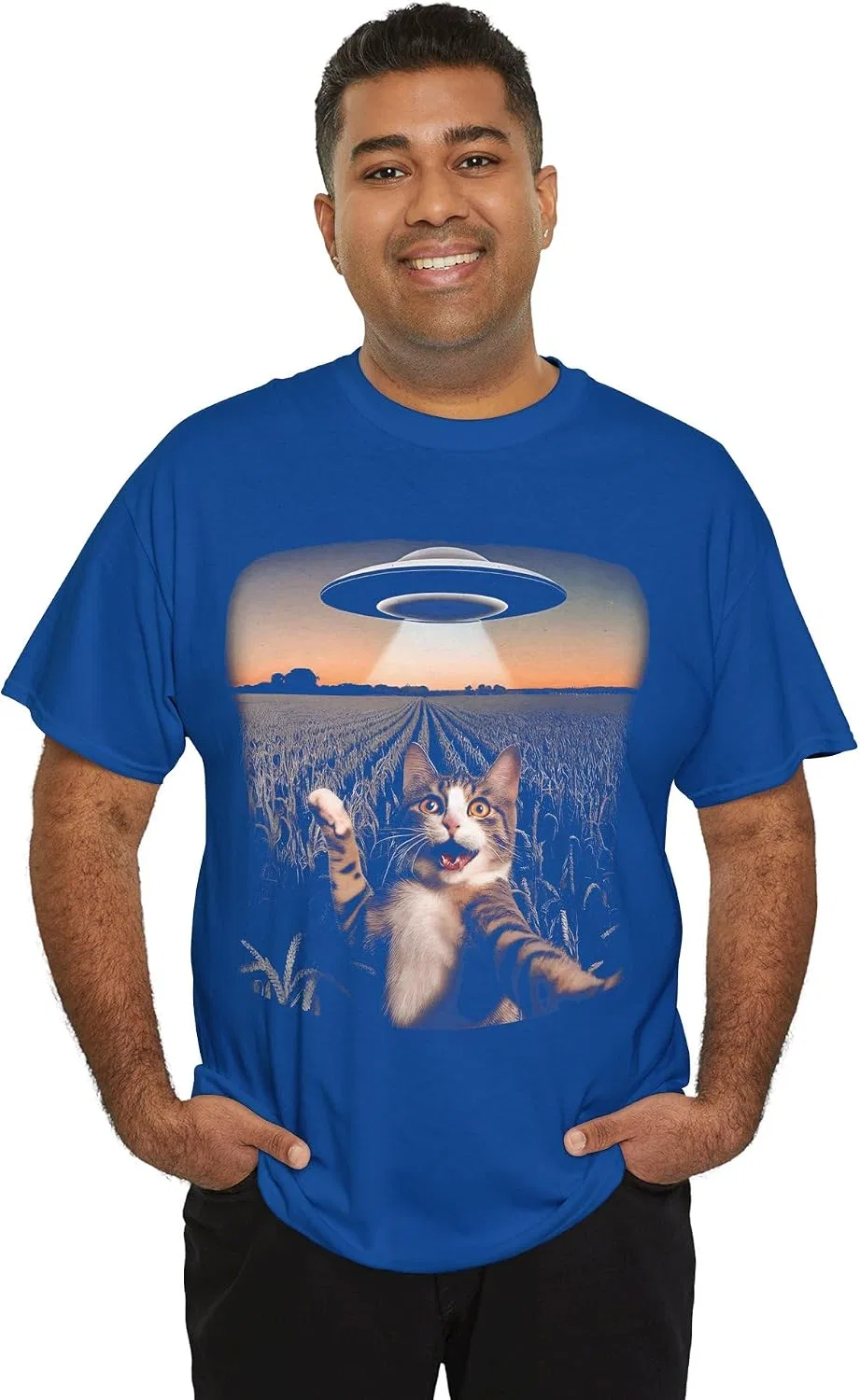 Женская футболка с принтом Cat Selfie with Alien UFO, королевский синий — фото 4