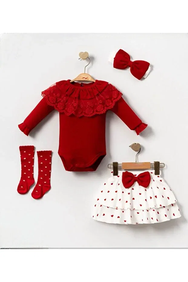 Детский комплект для девочек с кружевной юбкой Helena lace skirt set with heart socks Cherub Baby, Red — фото 3