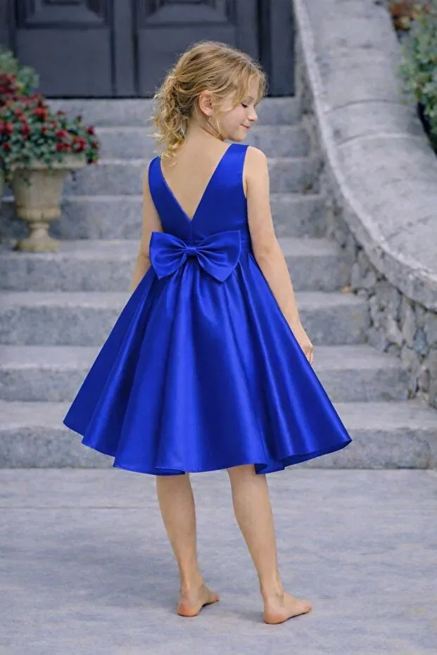 Детское платье для девочек асимметричное с бантом Suneh, Saks Blue — фото 2