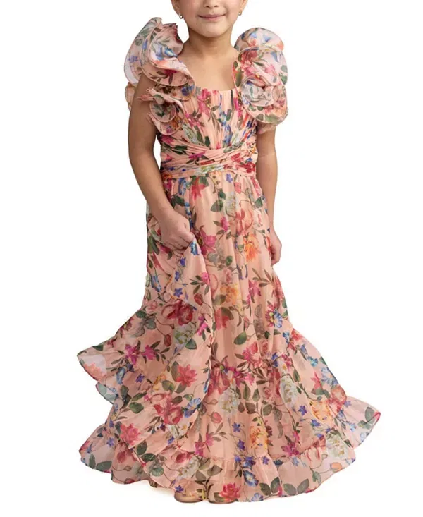 Детское платье для девочек с принтом Floral Chiffon Ruffle Shoulder Dress Mac DUGGal, Pink Multi